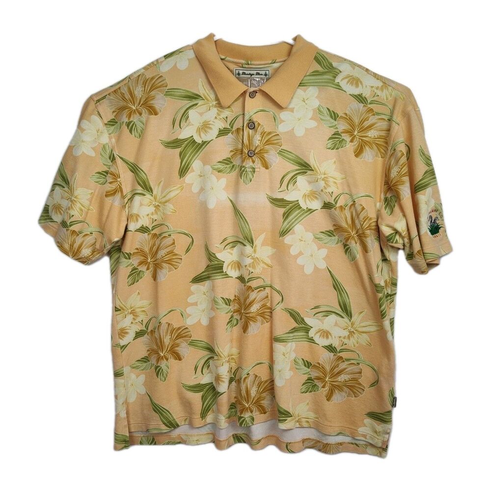 Montego Mon Hawaiian Polo Shirt Men XXL Orange Floral Silk Blend Big Island C.C.